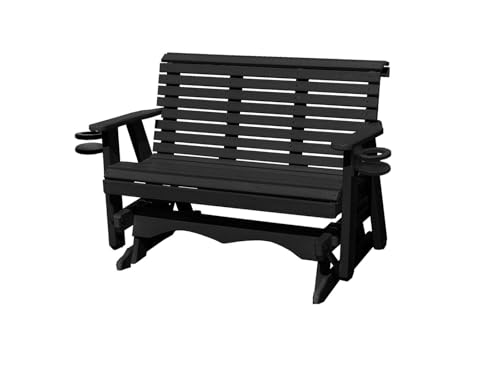 5 FT Black Amish-Made Porch Glider – 1000 lb Heavy-Duty Poly Lumber wood Roll Back Glider – USA Crafted HDPE Outdoor Seating Furniture - Stainless Steel Hardware – Smooth, Quiet Glide - CupHolders