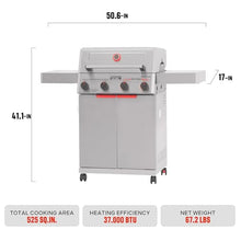 Monument Grills 4 Burner Stainless Steel Propane Mesa 2 Gas Grill, 500°F in 5 Mins, 525 sq.in, 37,000 BTU, with Broil Zone, Foldable Side Shelves, Knob Controls, Built in Thermometer, Mesa II 410BZ