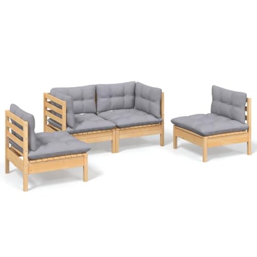HKQWPBF 4 Piece Patio Lounge Set with Gray Cushions Solid Pinewood
