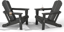 HGTRH Folding Adirondack Chair Set of 2, HDPE All-Weather Adirondack Chairs with Cup Holder, Outdoor Plastic Fire Pit Chairs Wood Texture for Poolside, Patio, Backyard, Deck Navy Blue