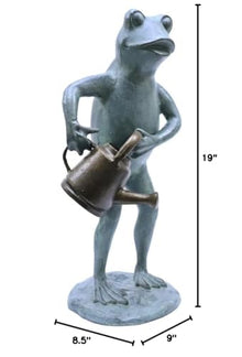 Green Vista Water Gardens Freddie the Frog with Watering Can Outdoor Garden Statue Aluminum Sculpture for Indoors, Patio, and Yard