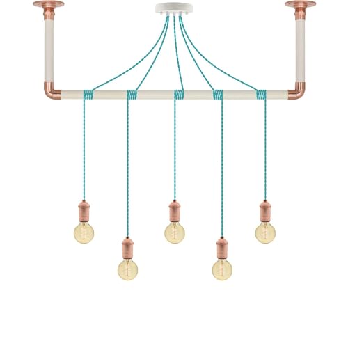 Unique Turquoise and Copper Pendant Light Wrap with White Wood and Copper Ceiling Bracket - Hangout Lighting - 5 Pendants