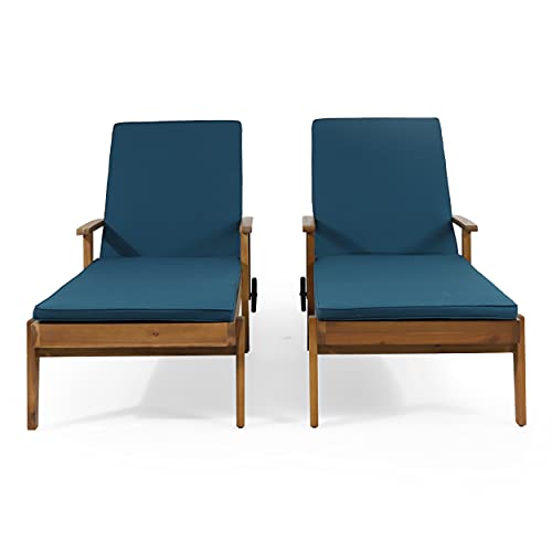 Christopher Knight Home Jason Outdoor Chaise Lounge with Water Resistant Cushion - Acacia Wood - Teak/Blue (Set of 2)