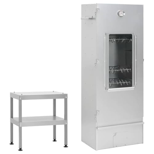 Outdoor BBQ Smoker Oven with Prep Table, Galvanized Steel Vertical Grill with Glass Window, Thermometer, and Storage Shelves for Meat, Fish, and Sausage