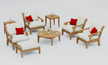 WholesaleTeak Teak Wood 8 Pc Lounge Chair Set: 4 Lounge Chairs, Ottoman, Round Coffee Table & 2 Side Tables with Cushions in Outdoor Fabric #5404 Canvas Natural