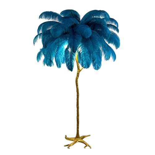 Jcgly Luxury Floor Lamp with 35 PCS Natural Ostrich Feathers, Tall Floor Lamps for Living Room/Bedroom/Office, 3 Color Temperature, Golden Standing Pole, Foot Switch(Blue,32" x 47"H)