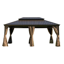 12'x18' Hardtop Gazebo with Mosquito Netting & Privacy Curtains, Outdoor Aluminum Frame Canopy, Galvanized Steel Double Roof, Water Gutter – Permanent Patio Gazebo for Backyard, Lawn Brown