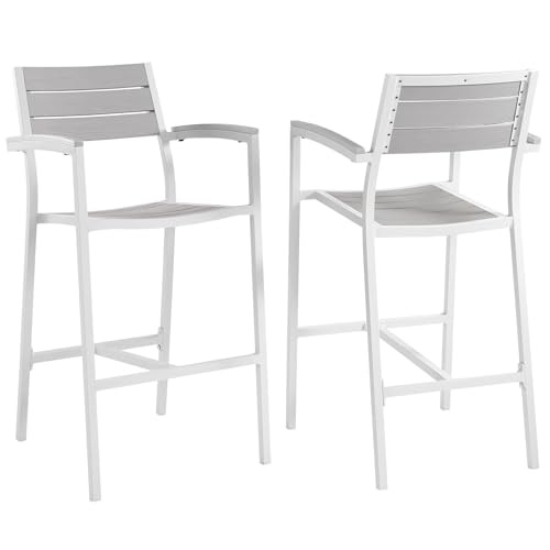 Pemberly Row Outdoor Patio Bar Stools, 29" Seat Height, Powder Coated Aluminum Frame, White and Light Gray Finish, Solid Plastic Lumber Slats, Modern Style, Set of 2