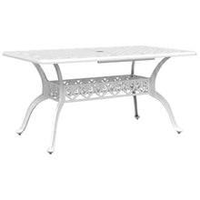 HGKMBRY White Cast Aluminum Garden Table 59.1 x 35.4 x 28.3 Inches for Outdoor Dining with Umbrella Hole, Durable Patio Furniture Set for Up to Six People, Elegant Retro Design,