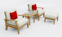 WholesaleTeakFurniture Somer 4 Piece Teak Wood Lounge Chair Set: 2 Lounge Chairs, Ottoman & Square Side Table with Cushions in Outdoor Sunbrella Fabric #5404 Canvas Natural