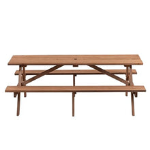 YOPTO 8 Person Wood Picnic Table with 2 Built-in Benches and Umbrella Hole, Outdoor Rectangular Camping Dining Table with 2 Seats,for Garden, Backyard, Porch, Patio,Brown