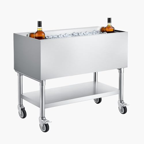 VEVOR Commercial Ice Bin, 100.7 Qt Max Capacity, 36 x 19 x 35 Inch Stainless Steel Ice Chest with Sliding Lid and Bottle Holders, Cooler Cart Cocktail Unit for Bar Restaurant Pub, NSF Certified