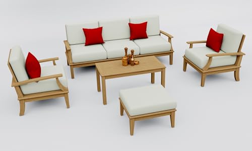 WholesaleTeakFurniture Somer 5 Piece Teak Wood Sofa Set: Sofa, 2 Lounge Chairs, Ottoman & Rectangle Coffee Table with Cushions in Outdoor Sunbrella Fabric #5404 Canvas Natural