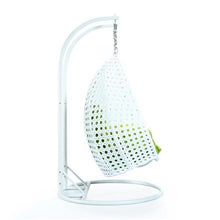 LeisureMod 2 Person Hanging Egg Chair, Indoor Outdoor Patio Lounge Swing with White Stand & UV-Resistant Cushions, Hammock Chair for Bedroom & Garden, Light Green