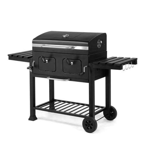 Large Outdoor Charcoal BBQ Grill, Dual Adjustable Charcoal Trays with Foldable Side Tables, Front Access Door for Backyard, Patio, Camping
