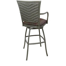 Pemberly Row Outdoor/Indoor Pub Set, 30 in Bar Height Stools with Arms, 36 in Round Table, UV Powder-Coated Beige Frame, Multi Sun Stripe Fabric, Durable Customizable Furniture for Patio or Bar Spaces