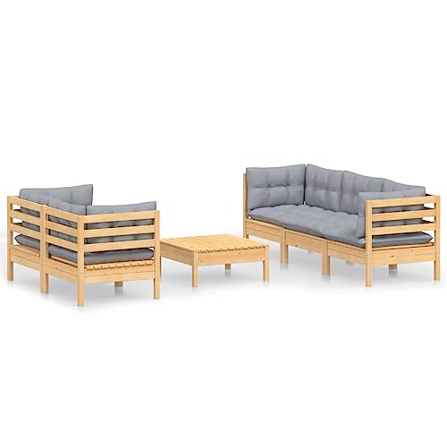 Heofavd 6-Piece Grey Pine Outdoor Patio Furniture Set Modular Garden Lounge Conversation Sectional with Soft Polyester Cushions 25x25x11 in for Backyard Balcony Terrace