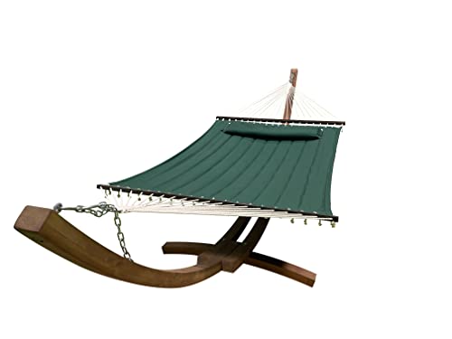 Petra Leisure 14 Ft. Wooden Arc Hammock Stand + Deluxe Quilted Double Padded Hammock Bed w/Pillow. 2 Person Bed. 450 LB Capacity(Teak Stain/Elegant Hunter Green)