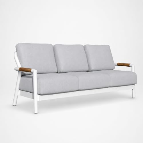 Outdoor Couch Elementi Santorini Patio Sofa, 3 Seat Outdoor Furniture Sofa with Aluminum Teak Rope Frame and Sunbrella Natté Grey Chiné Cushions, White, 81.9 x 32.7 x 31.5 in