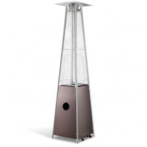 40,000 BTU Bronze Portable Propane Outdoor Patio Heater with Glass Flame Tube – Square Pyramid Freestanding Design with Wheels & Easy Ignition – Outdoor Heater for Deck, Patio, Poolside, Events