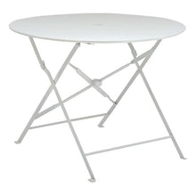 Pemberly Row 36" Folding Metal Bistro Table, White Finish, Round Design with 2" Umbrella Hole, Powder Coated Durable Metal, Space-Saving Outdoor Patio Table for Dining or Leisure Use