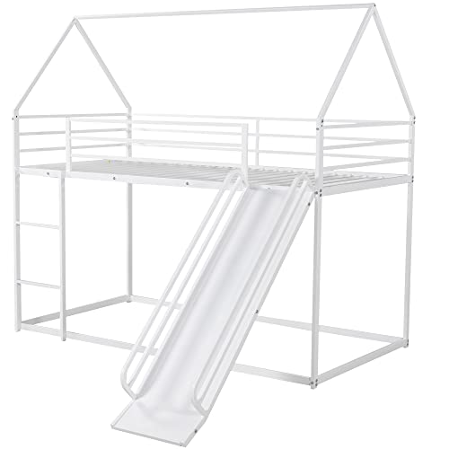 Brisca Metal Twin Size House Bed with Roof and Slats Support White
