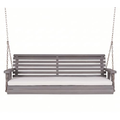 Amish Casual Heavy Duty Wooden Roll Back Porch Swing with White Bench Cushion, Outdoor Hanging Chair Bench for Patio, Backyard, Garden & Yard (Semi Solid Grey Stain, 5-Foot)