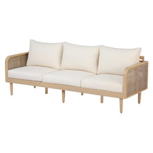 Christopher Knight Home Nellie Acacia Wood Outdoor 3 Seater Sofa with Cushions, Solid Wood Patio Sofa with Rattan-Woven Armrests, Comfy Lounge Sofa for Patio Furniture Set,Light Teak+Light Brown+Cream