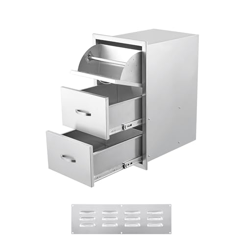 17W x 21D x 30H Inch Outdoor Kitchen Drawers Stainless Steel, Flush Mount Triple Drawers with Stainless Steel Handle, Venting Panel Weatherproof for Kitchen Island Patio, Grill Station