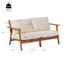 YJSPSSW 4-Piece Mid-Century Modern Acacia Wood Patio Seating Set – Outdoor Conversation Set with Loveseat, Club Chairs & Slatted Coffee Table + Weather-Resistant Cushions