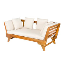 Christopher Knight Home Gary Patio Convertible Couch, Wooden Outdoor Daybed, 3-Seater Acacia Wood Patio Furniture Lounge Sofa for Backyard/Poolside/Garden, Back Pillow+Removable Cushion, Teak+ Beige