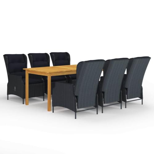 Molumvel 7 Piece Patio Dining Set with Reclining Chairs, Large Acacia Wood Table and PE Rattan Furniture for Outdoor Garden Backyard Decor