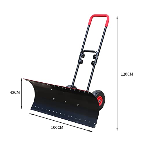 Snow Plow Shovel with Wheels Portable Snow Pusher Snow Shovel for Driveway Pusher Adjustable Height & Angle Heavy Duty Metal Rolling Snow Removal Tool for Driveway Garden Pavement(Deicing,100x42cm)