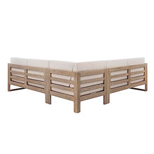 Linon Silas Natural Eucalyptus Outdoor Three Piece Sectional Sofa with Removable Weather Resistant Beige Cushions