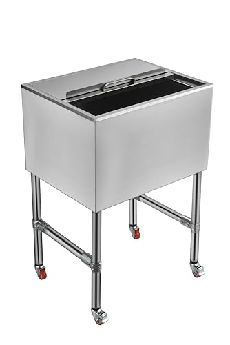 24 Inch Commercial Ice Bin with Sliding Lid - 64L Stainless Steel Underbar Ice Chest with Drain System - Insulated Ice Storage Bin on Wheels for Bar, Restaurant, & Cocktail Station