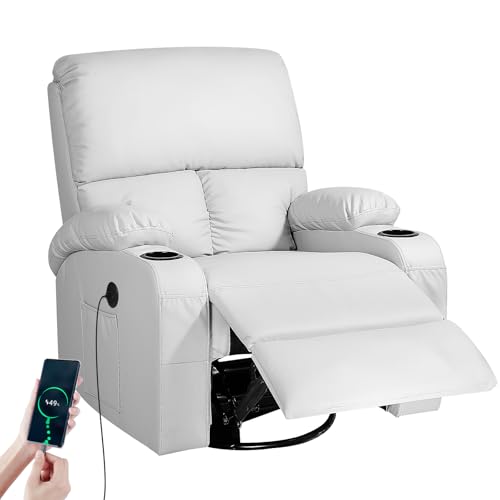 LEVELEVE Rocking Recliner Chair, Massage Rocker Recliner Chair with Vibration Massage and Heat, USB and Type-C Ports,360° Swivel Faux Leather Chairs, Living Room, Bedroom, Nursery, RV, Light Grey