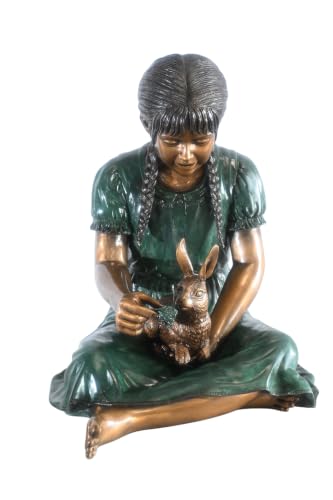 Nifao Braided Girl Feeding Rabbit Medium Bronze Statue, 24"L x 20"W x 24"H