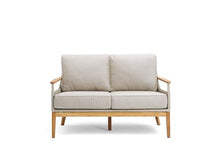 Winston August Loveseat Natural Teak Wood Driftwood Grid Weave Sunbrella Cast Ash
