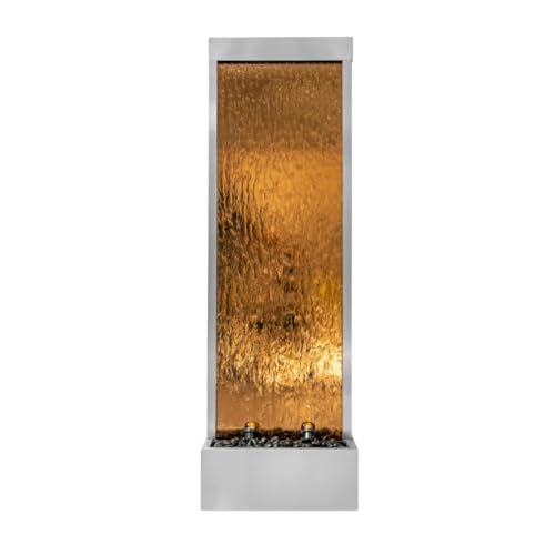 XBrand 68 in H Freestanding Modern Indoor/Outdoor Waterfall Fountain w/Decorative Rocks, LED Lights & Auto-Shut Off Pump, Stainless Steel/Bronze Glass, Silver