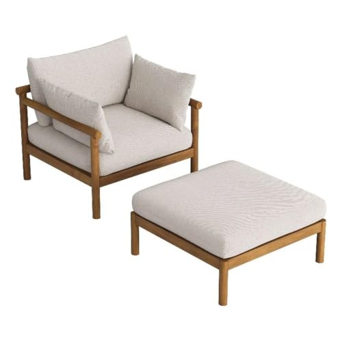 Modway Eleni 2-Piece Outdoor Teak Wood Armchair and Ottoman Set in Natural Sail – Patio Armchair with Ottoman