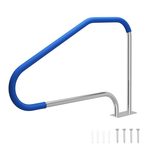 49‘‘ x 34‘‘ Pool Handrail, In Ground Pool Rail with Blue Heat & Slip Resistant Cover, 316 Stainless Steel 550LBS Load Capacity Pool Railing for Pool, Deck, Water Park(Sliver)