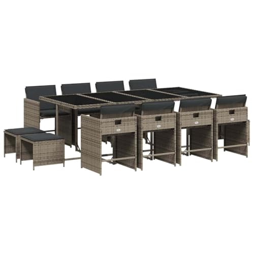 Kaorsrow 13 Piece Patio Dining Set, Gray PE Rattan Outdoor Furniture with Glass Table, 8 Foldable Chairs and 4 Stools for Garden Backyard, Space Saving Cube Dining Set with Cushions