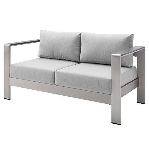 Lounge Loveseat Sofa, Fabric, Aluminum, Silver Grey Gray, Modern, Outdoor Patio Cafe