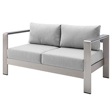 Lounge Loveseat Sofa, Fabric, Aluminum, Silver Grey Gray, Modern, Outdoor Patio Cafe