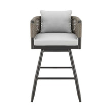 Armen Living Alegria Outdoor Patio Swivel Bar Stool in Aluminum with Gray Rope and Light Gray Cushions