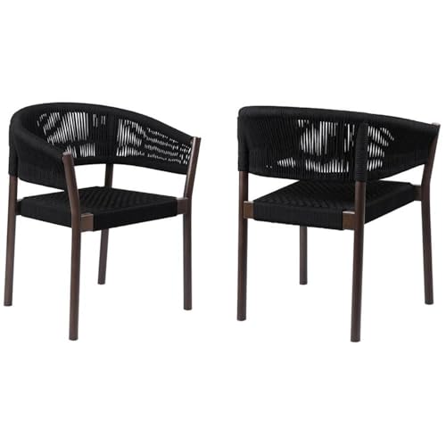 Pemberly Row in-Outdoor Dining Chair Set of 2, 18 in Seat Height, Dark Eucalyptus Wood Frame, Black Rope Finish, Stackable Breathable Design, Weather-Resistant Patio or Indoor Seating