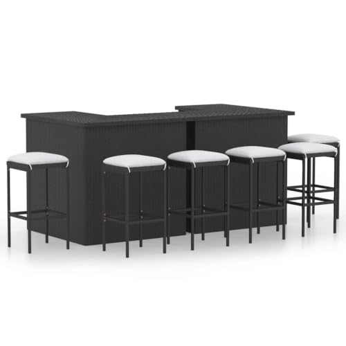 LPERTGFHU 8-Piece Poly Rattan Patio Bar Set, Outdoor Garden Furniture with 2 Tables, 6 Stools and Cream Cushions, Black