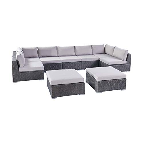 Christopher Knight Home Tom Rosa Outdoor 7 Seater Wicker Sectional Sofa Set, Grey with Silver Cushions