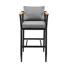 Armen Living Wiglaf Modern Outdoor Patio Counter Chair Bar Stool in Aluminum Metal and Teak Wood with Gray Cushions, 26" Seat Height