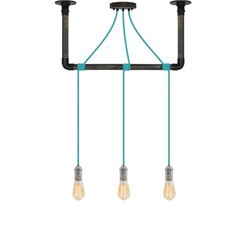 Turquoise and Nickel Pendant Light Wrapped Ebony Black Wood and Black Ceiling Bracket - Hangout Lighting